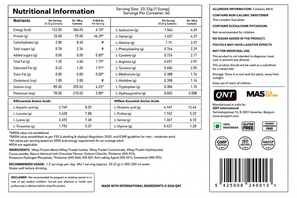 QNT Prime Whey 100% Whey Protein (Isolate & Hydrolysate)  (2.16kg / 4.4 lbs, 60 Servings)