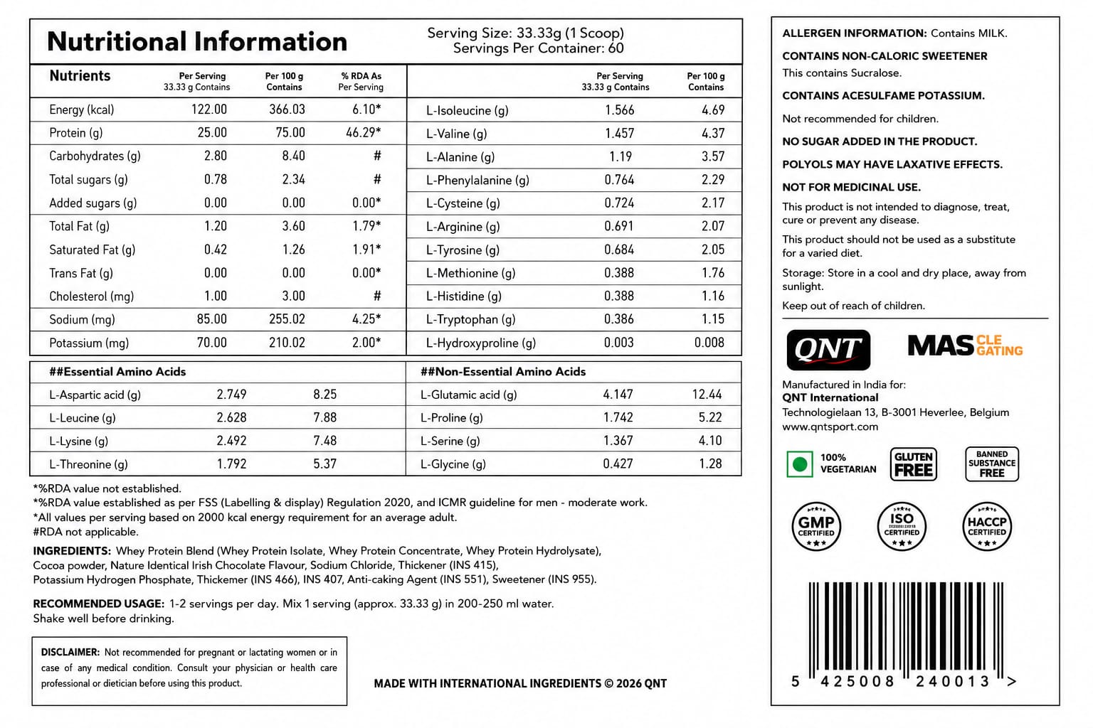 QNT Prime Whey 100% Whey Protein (Isolate & Hydrolysate)  (2.16kg / 4.4 lbs, 60 Servings)