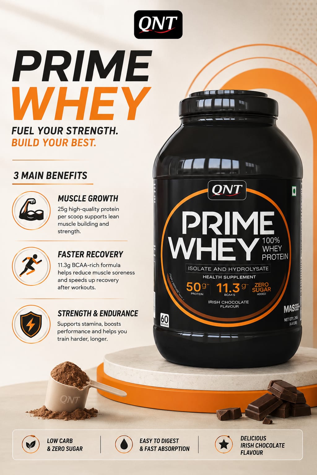 QNT Prime Whey 100% Whey Protein (Isolate & Hydrolysate)  (2.16kg / 4.4 lbs, 60 Servings)