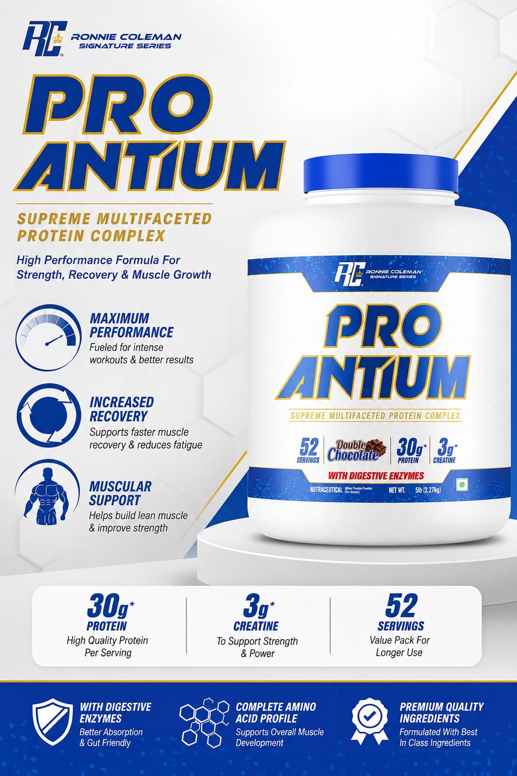 Ronnie Coleman Signature Series (RC) PRO-ANTIUM Supreme Multifaceted Protein Complex (5 lb / 2.27 kg, 52 Servings)